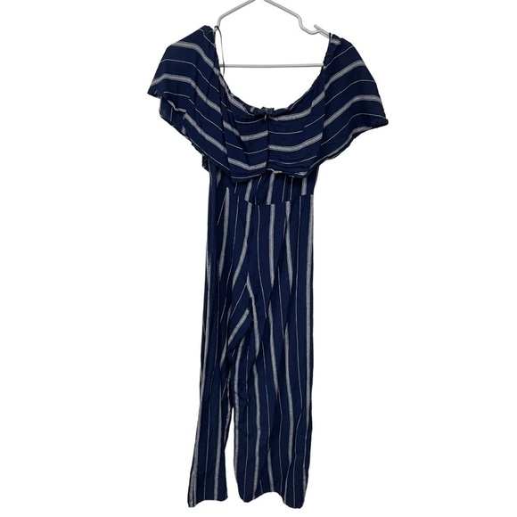 ALTAR'D State Cara Navy Striped Off Shoulder Ruffle Linen Blend Jump Suit, Small - Picture 4 of 9